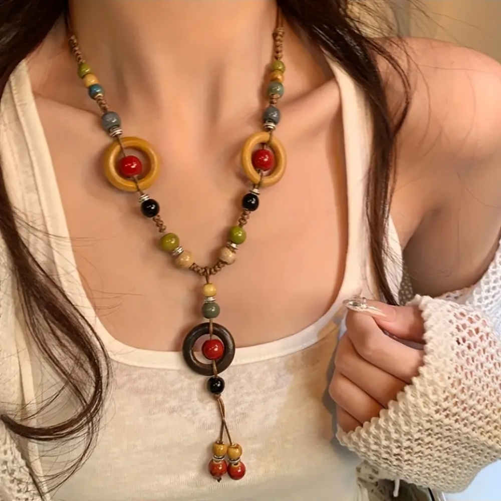 Boho-Chic Ceramic Sweater Necklace Adjustable Vintage Bohemian Style